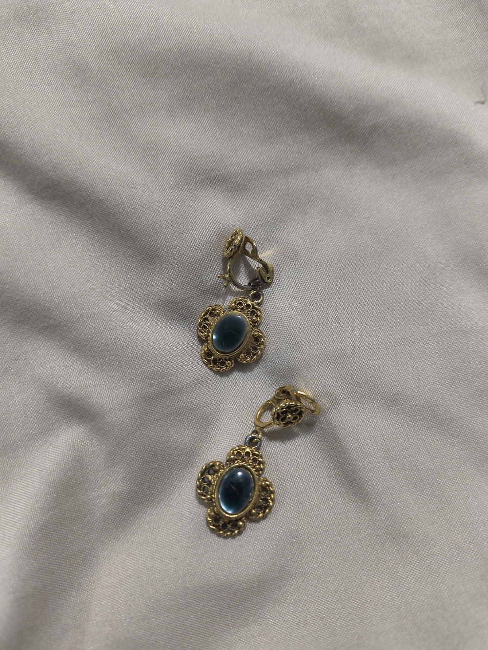 Vintage Filigree Drop Earrings with Blue Green Stone And Teal Earrings. Both Cli